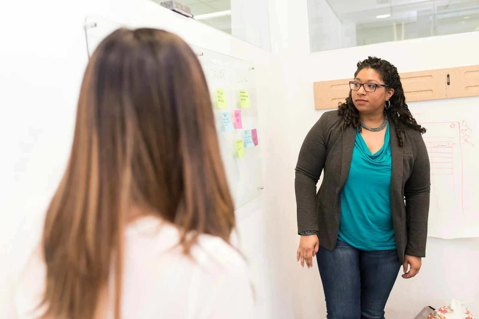 A planning discussion beside a whiteboard